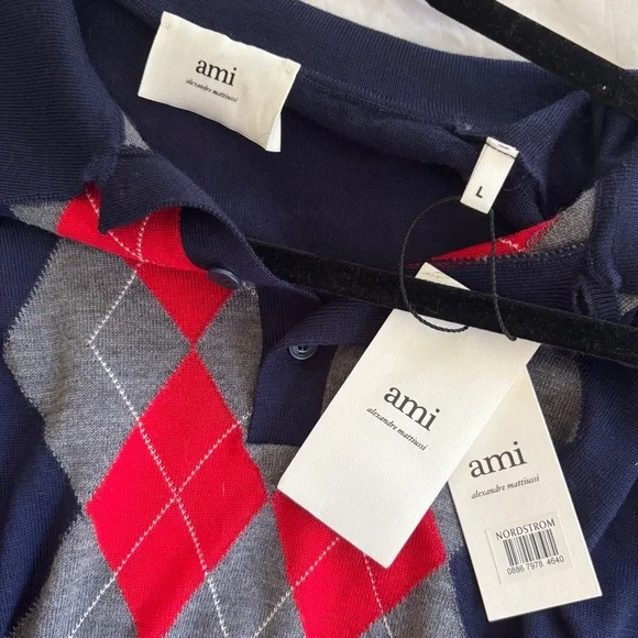 Ami Alexandre Mattiussi Navy Blue Grey Red Men’s Argyle Wool Sweater NWT Size L